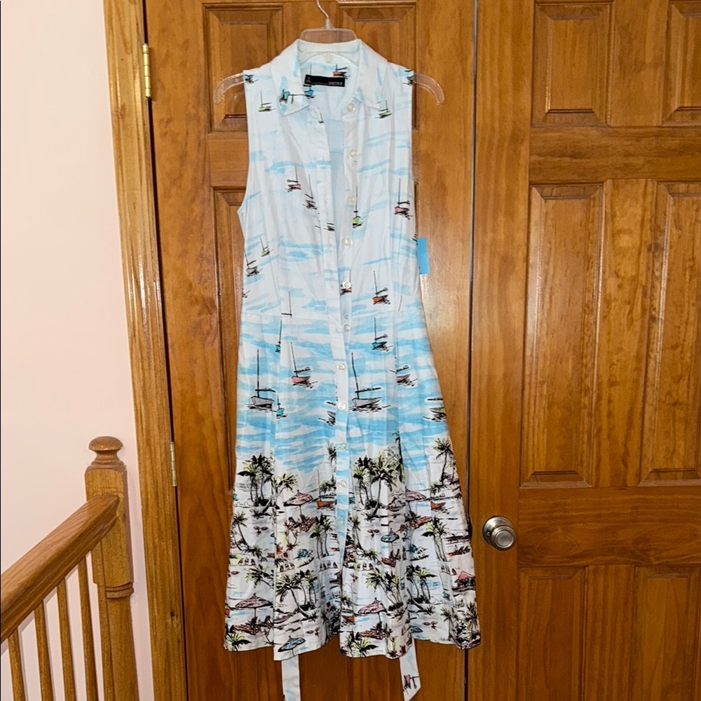 Chetta B Nautical Capri Boat Beach Print Button Down Collared Dress